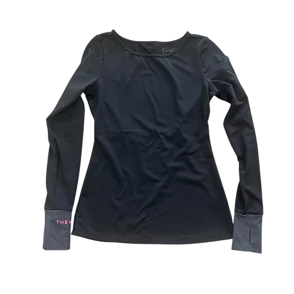 Jessica Simpson The Warm Up Athletic Shirt Size S Black Long Sleeve Open Back